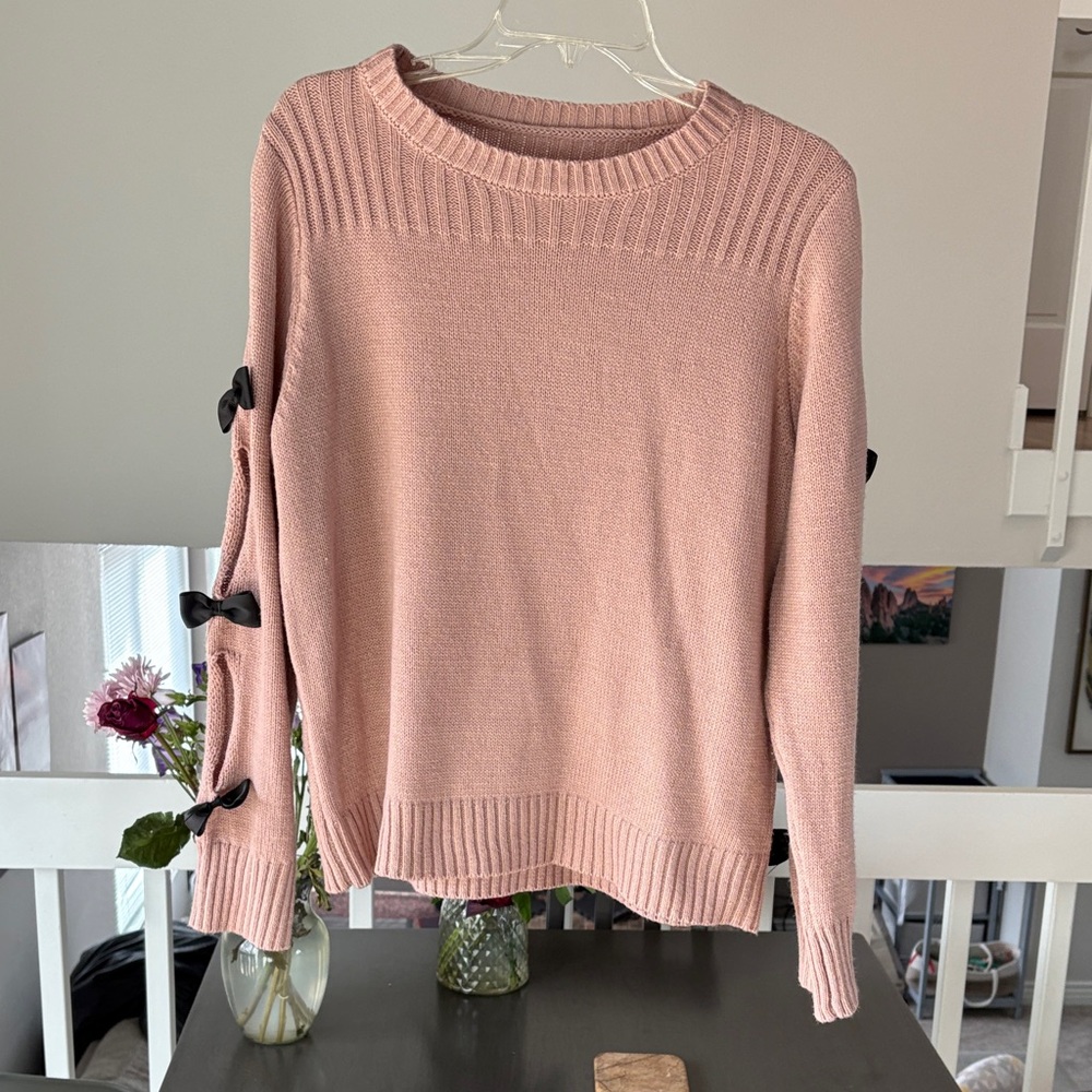 SHEIN Pink Sweater with Black Bow Details